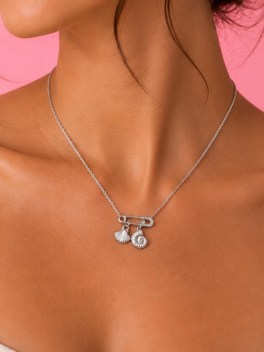 Dainty Silver Beach Safety Pin Charm Necklace